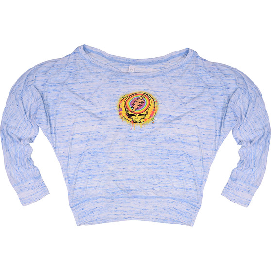 Liquid Blue GD Rainbow Splatter Womens Blue Heather Flowy Long Sleeve T-Shirt