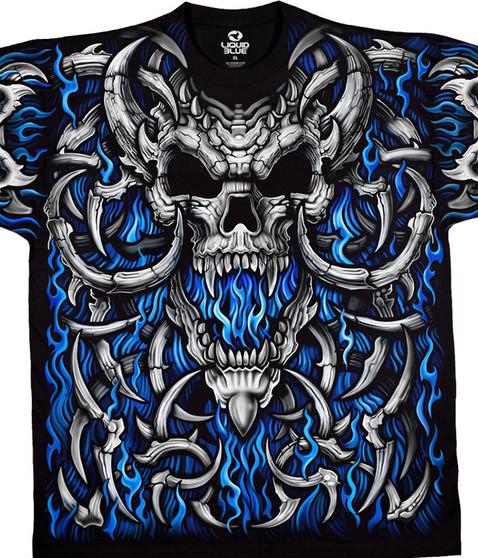 liquid blue Blue Flame Skull Black T-Shirt