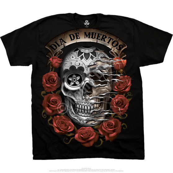 Liquid Blue Dia De Muertos Skull Black T-Shirt