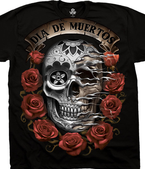 liquid blue Dia De Muertos Skull Black T-Shirt