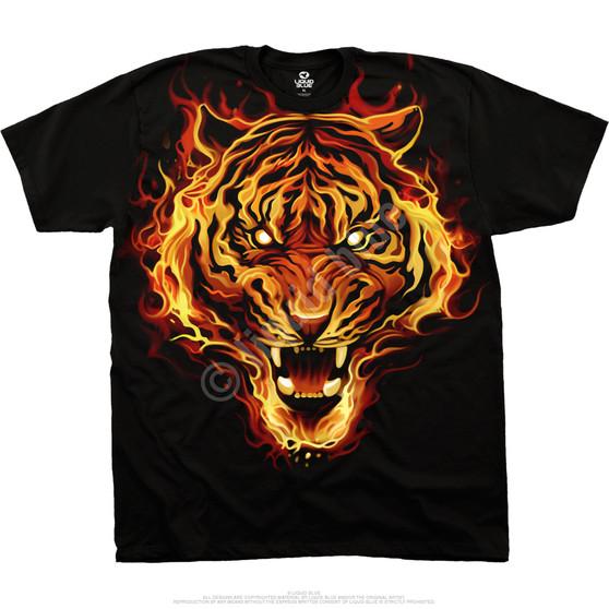 Liquid Blue Fire Tiger Black T-Shirt