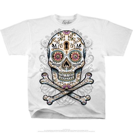 Liquid Blue Floral Skull White T-Shirt