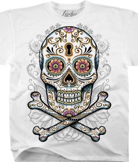 liquid blue Floral Skull White T-Shirt