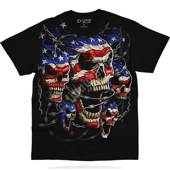 Liquid Blue Patriotic Skulls Black T-Shirt