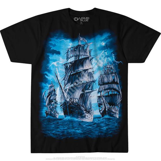 Liquid Blue Pirate Ship Black T-Shirt