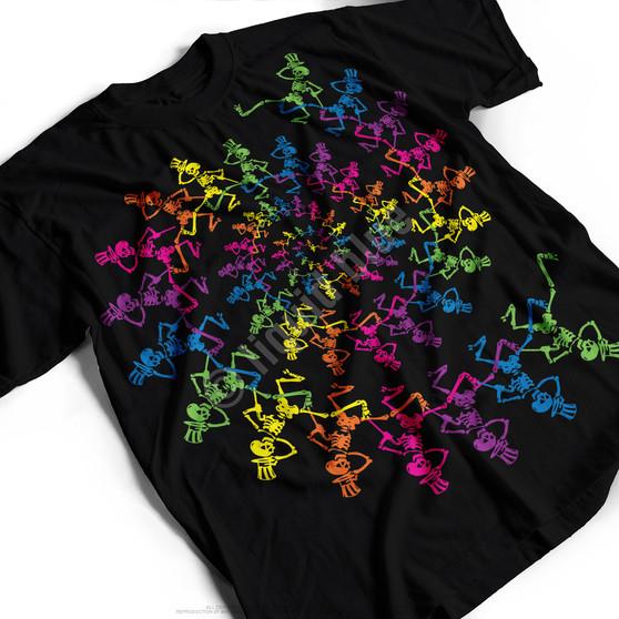 Liquid Blue Spiral Skeletons Black T-Shirt