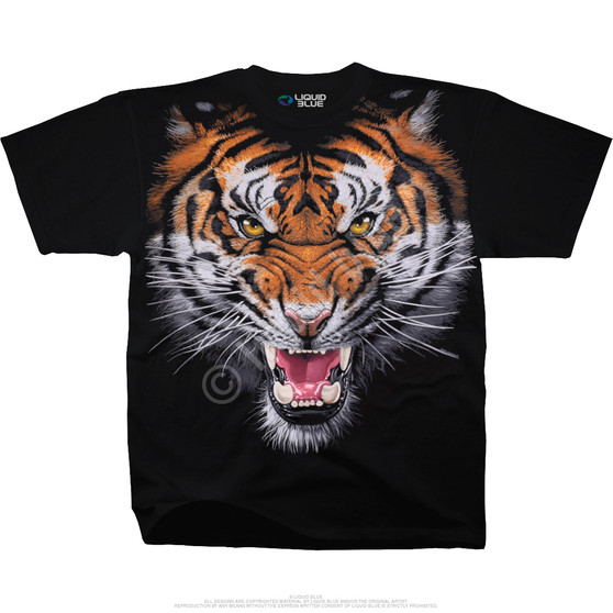 Liquid Blue Tiger Face Black T-Shirt