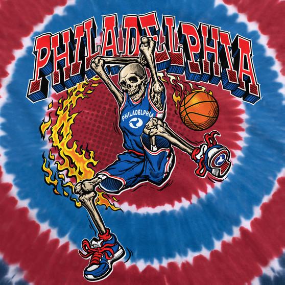 Liquid Blue Philadelphia Dunker Basketball Skeleton Tie-Dye T-Shirt