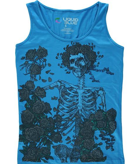 liquid blue Skeleton and Roses Blue Juniors Tank Top T-Shirt
