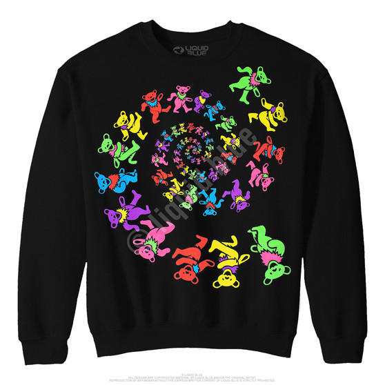 Liquid Blue Spiral Bears Blacklight Black Sweatshirt