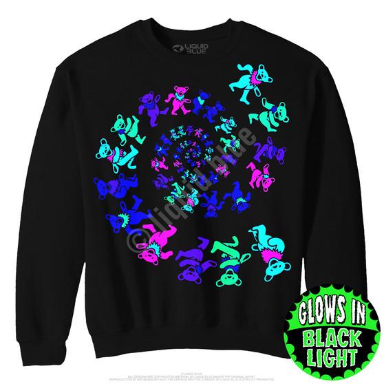Liquid Blue Spiral Bears Blacklight Black Sweatshirt