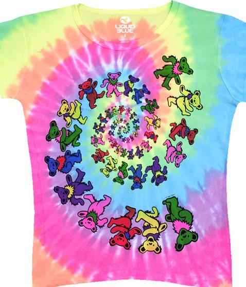 liquid blue Spiral Bears Womens Tie-Dye Juniors Long Length T-Shirt