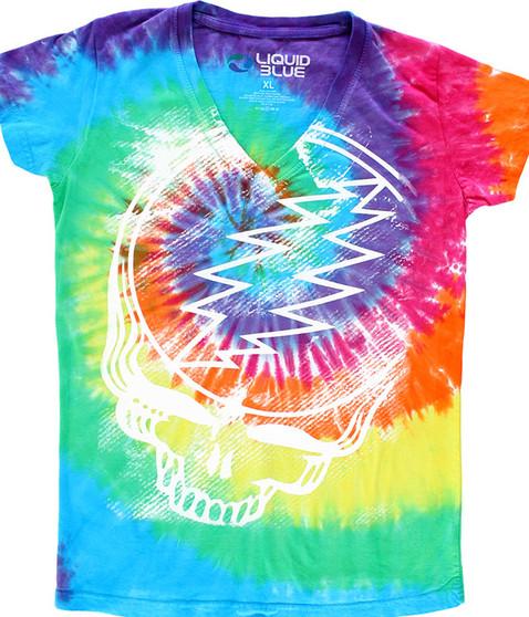 liquid blue Stealie Tie-Dye Juniors Long Length V-Neck T-Shirt