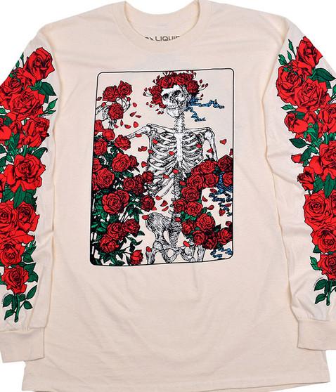 liquid blue Woodcut Wheel & Roses Long Sleeve Natural T-Shirt