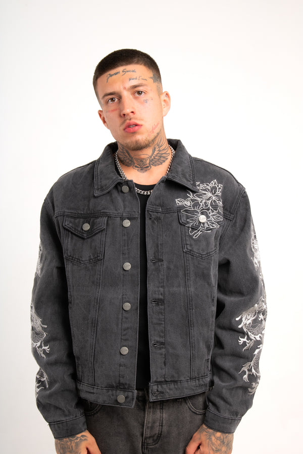 Liquor & Poker A World Dynasty Oversized Denim Jacket In Washed Black