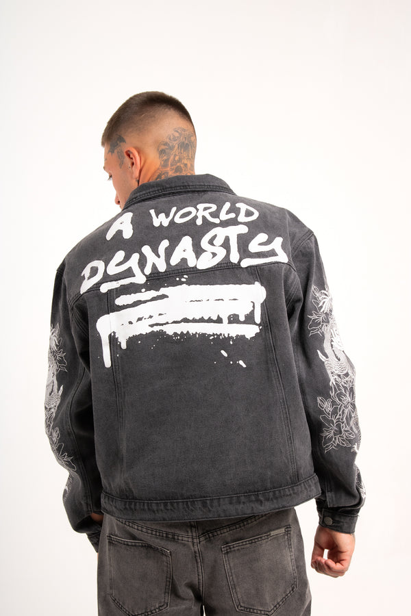 Liquor & Poker A World Dynasty Oversized Denim Jacket In Washed Black