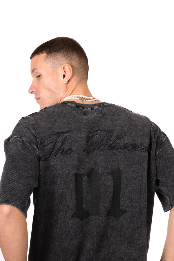 Liquor & Poker Acid Black Ribbed 'The Blessed 01' Varsity T-Shirt