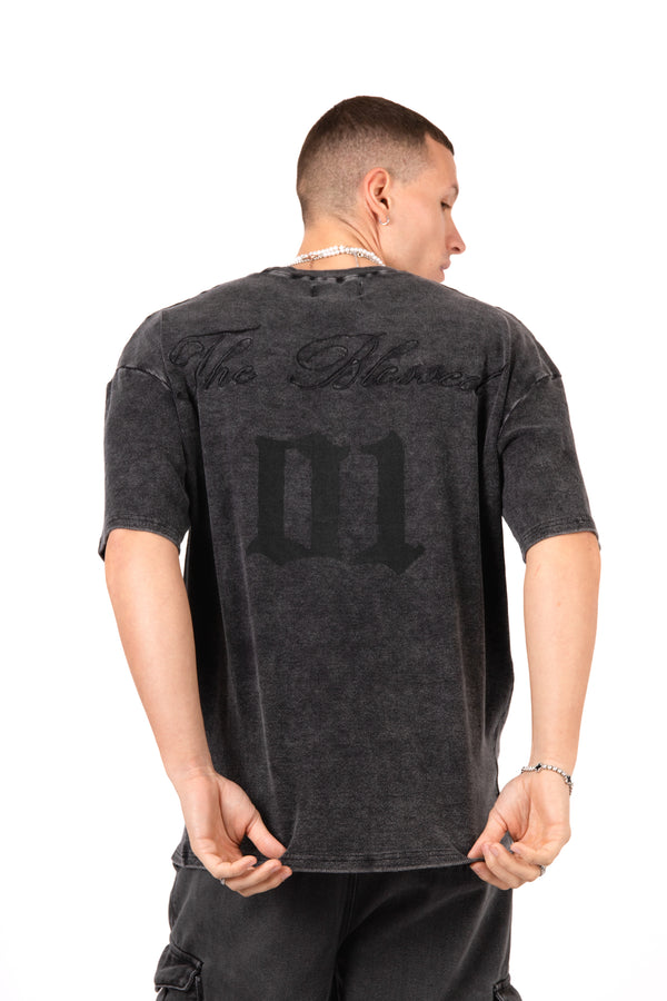 liquor & poker Acid Black Ribbed 'The Blessed 01' Varsity T-Shirt