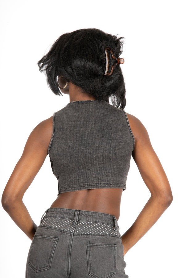 Liquor & Poker Acid Grey Ribbed Crop Top With Hook & Eye Detail