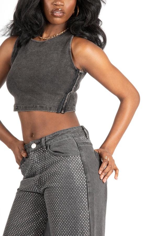 liquor & poker Acid Grey Ribbed Crop Top With Hook & Eye Detail