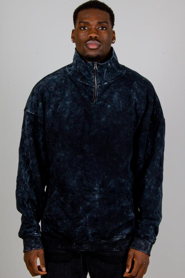 liquor & poker Acid-Wash Black Funnel Neck 3/4 Zip Sweater