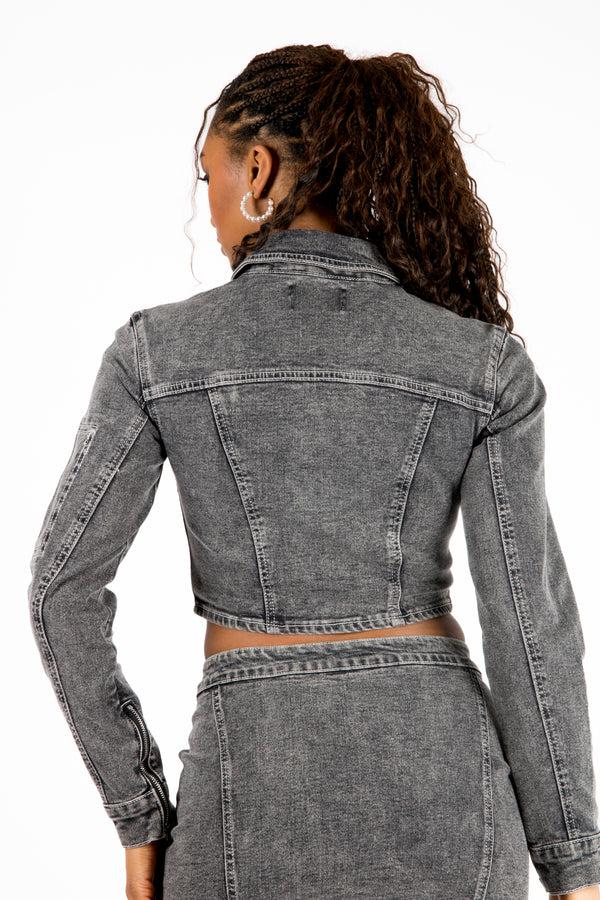 Liquor & Poker Acid-Wash Grey Contrast Stitch Cropped Denim Jacket