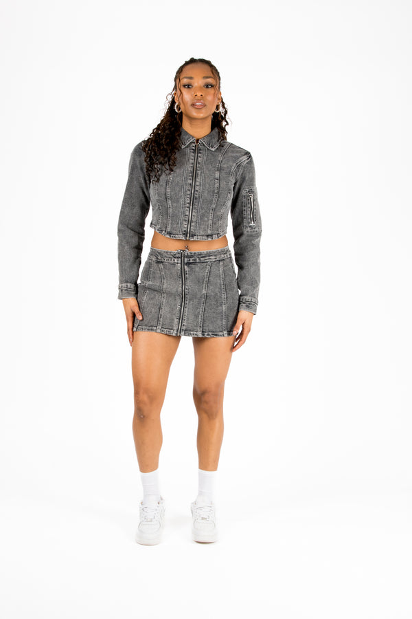 Liquor & Poker Acid-Wash Grey Contrast Stitch Cropped Denim Jacket