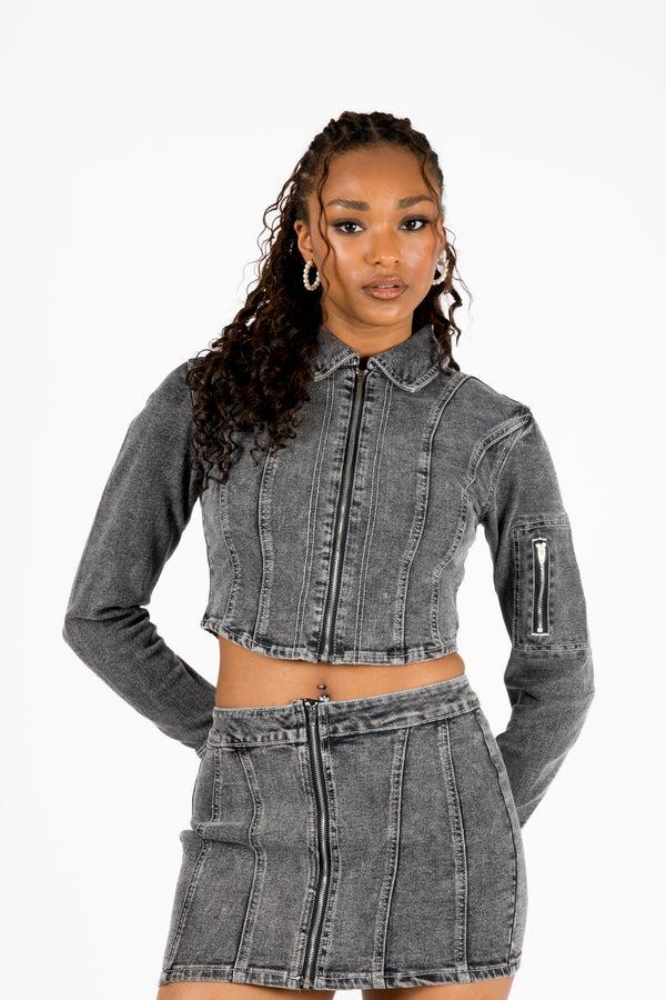 liquor & poker Acid-Wash Grey Contrast Stitch Cropped Denim Jacket