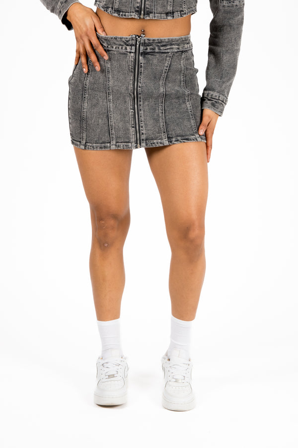 Liquor & Poker Acid-Wash Grey Contrast Stitch Denim Mini Skirt