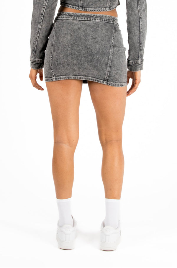 Liquor & Poker Acid-Wash Grey Contrast Stitch Denim Mini Skirt