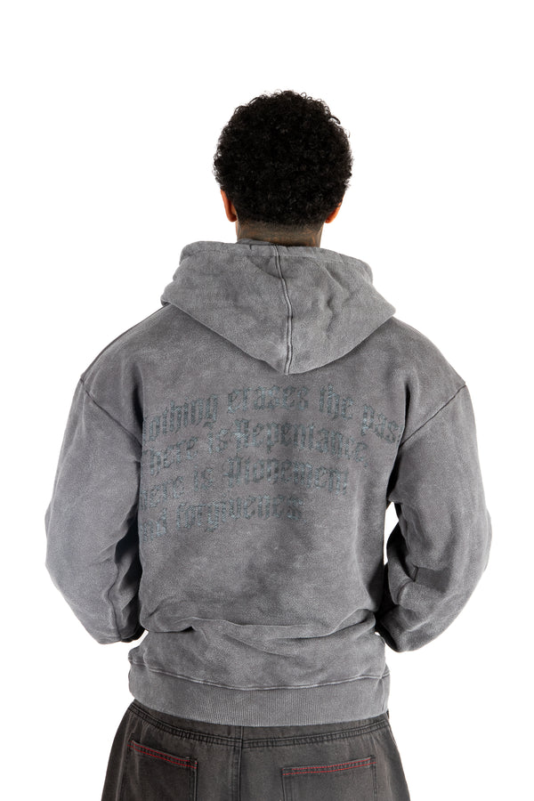 Liquor & Poker Acid Wash Grey Faded Text Printed Hoodie