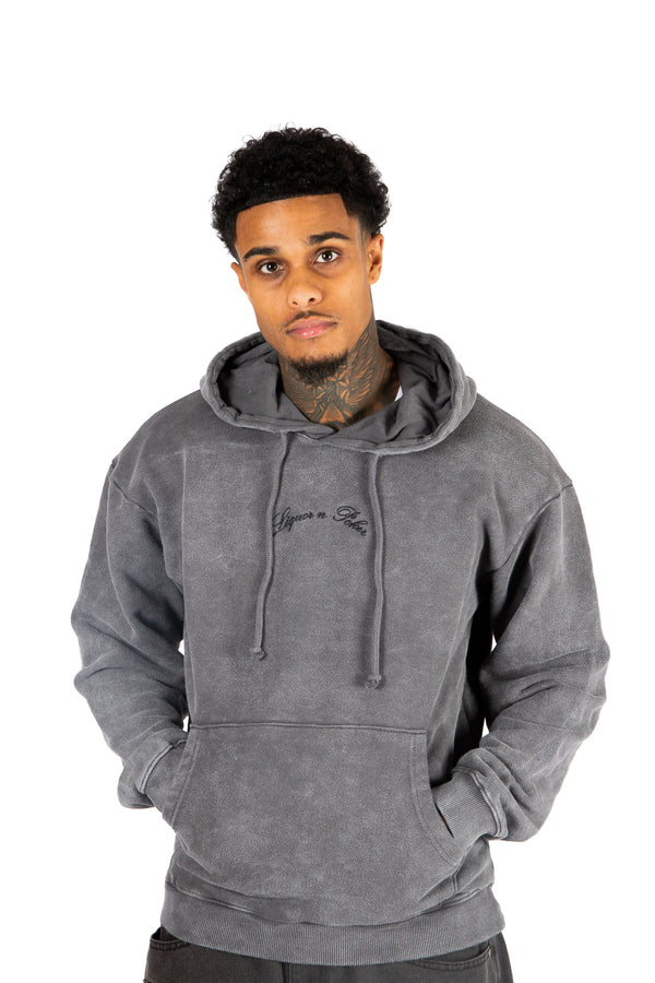 Liquor & Poker Acid Wash Grey Faded Text Printed Hoodie