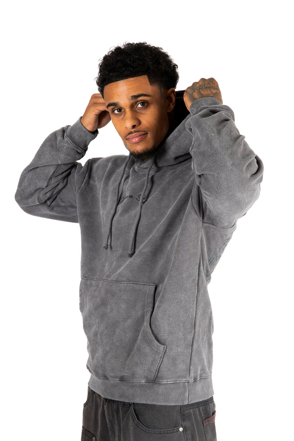 Liquor & Poker Acid Wash Grey Faded Text Printed Hoodie