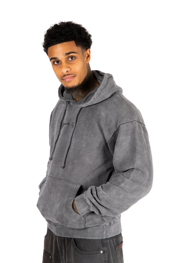 liquor & poker Acid Wash Grey Faded Text Printed Hoodie