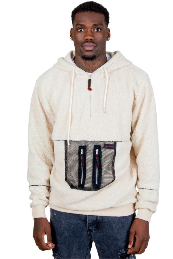 liquor & poker Alaska Borg Hoody With Mesh Pocket In Light Cream