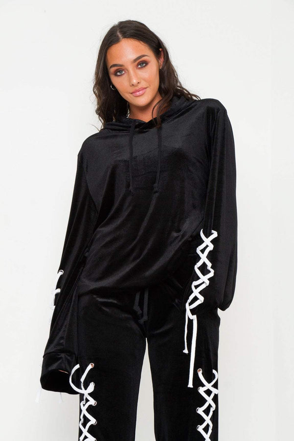 liquor & poker Albany Cropped Velour Hoodie With Eyelet Detail