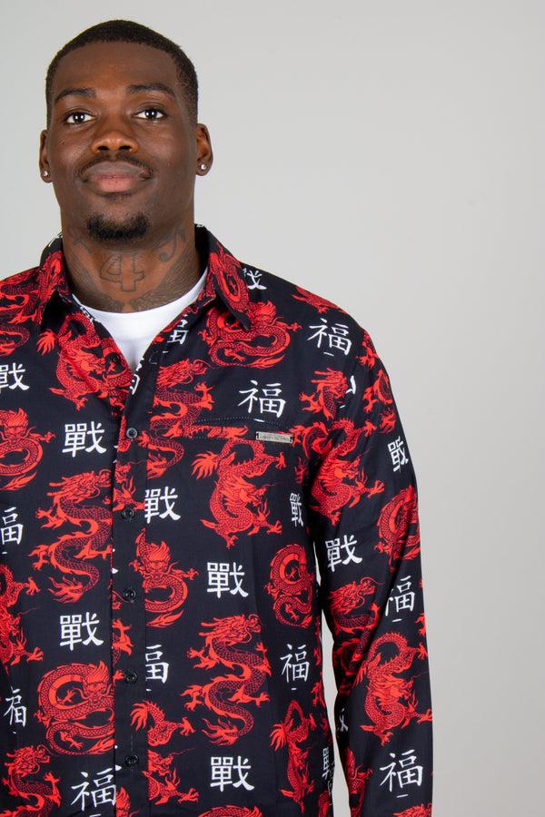 Liquor & Poker All-Over Dragon Print Long Sleeve Black Shirt