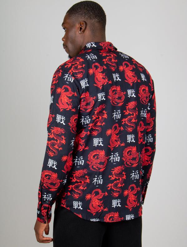Liquor & Poker All-Over Dragon Print Long Sleeve Black Shirt