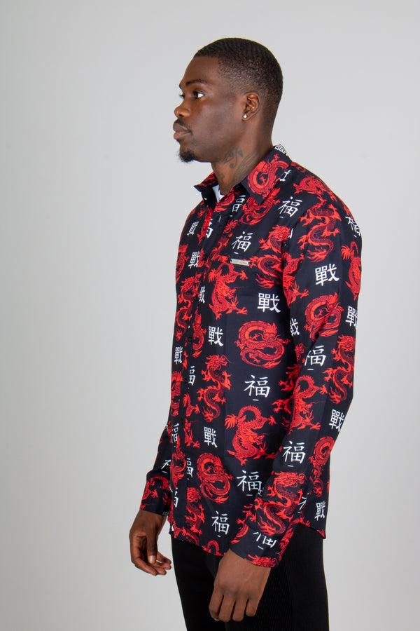 liquor & poker All-Over Dragon Print Long Sleeve Black Shirt