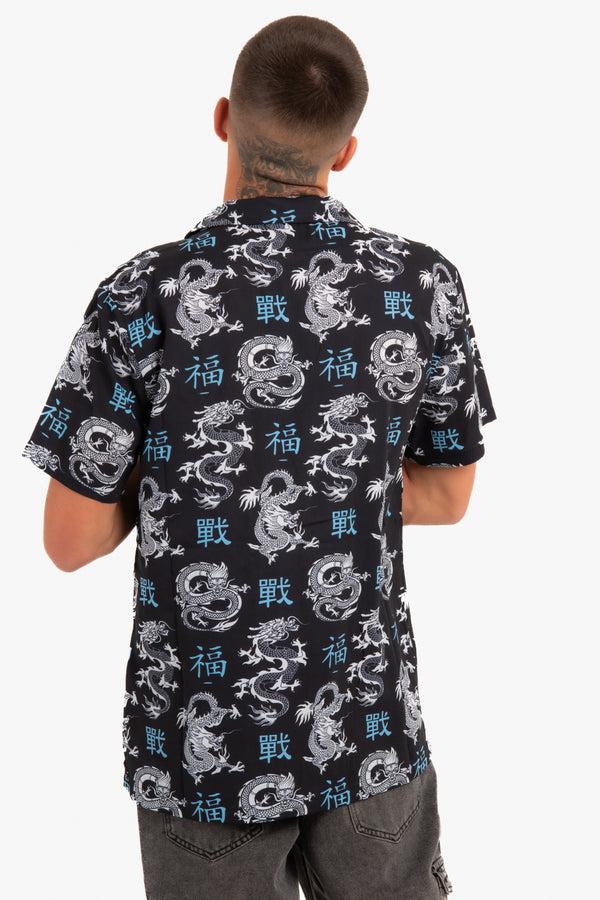 Liquor & Poker All-Over Dragon Print Short Sleeve Black Shirt