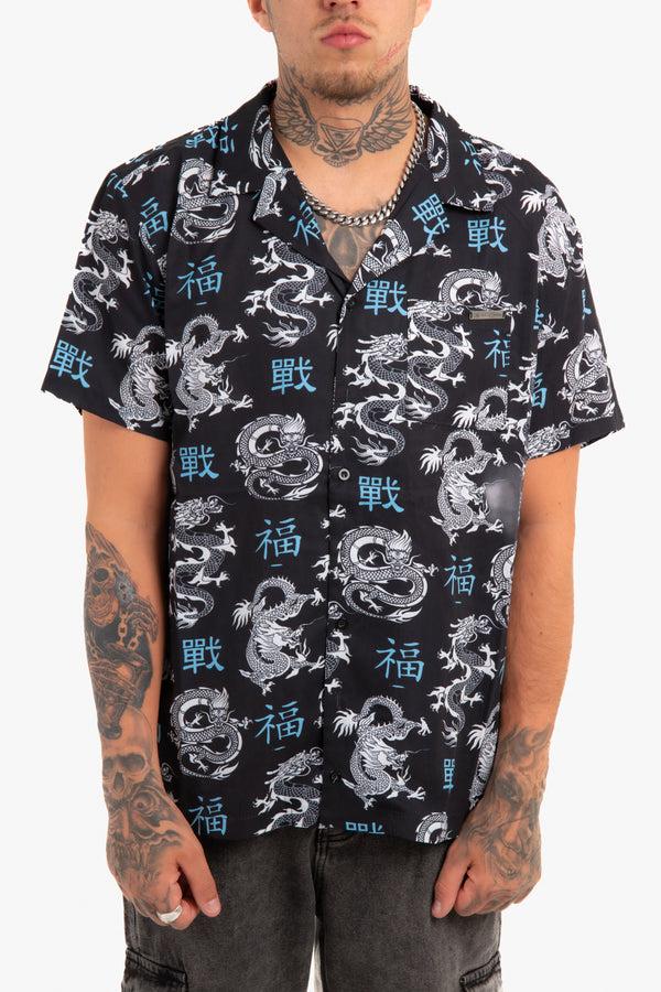 Liquor & Poker All-Over Dragon Print Short Sleeve Black Shirt