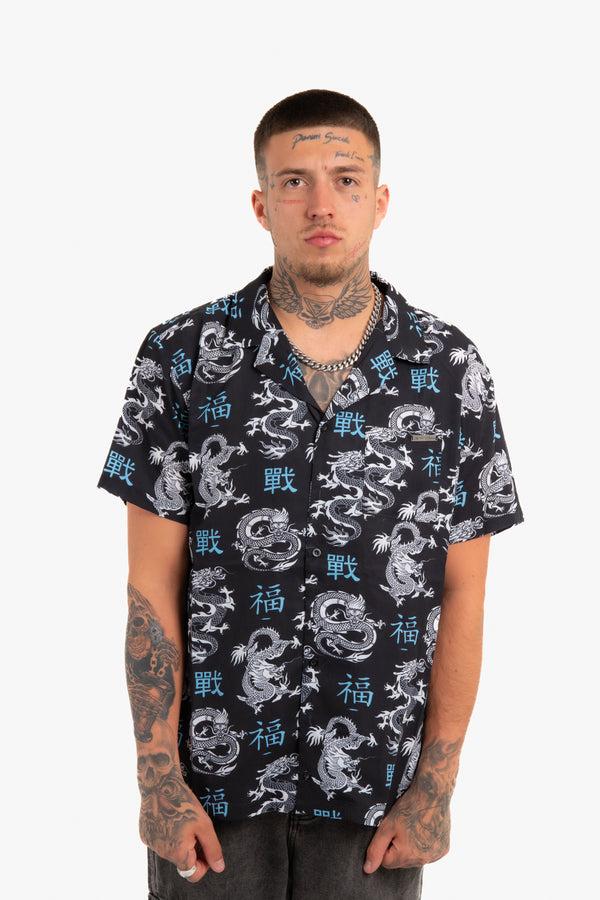 Liquor & Poker All-Over Dragon Print Short Sleeve Black Shirt