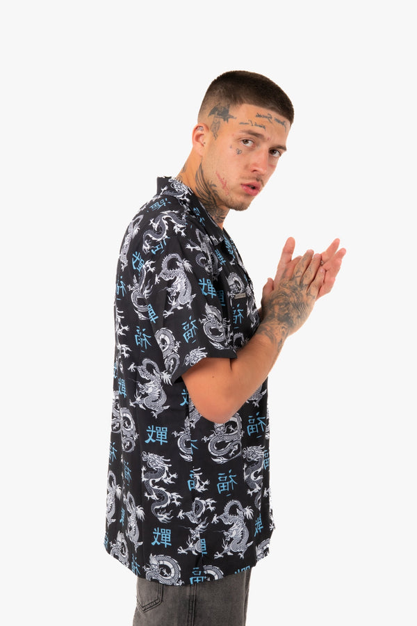 liquor & poker All-Over Dragon Print Short Sleeve Black Shirt