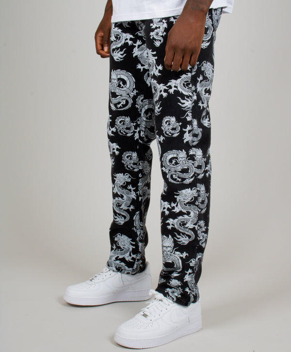 Liquor & Poker All-Over Dragon Print Straight Leg Black Jeans