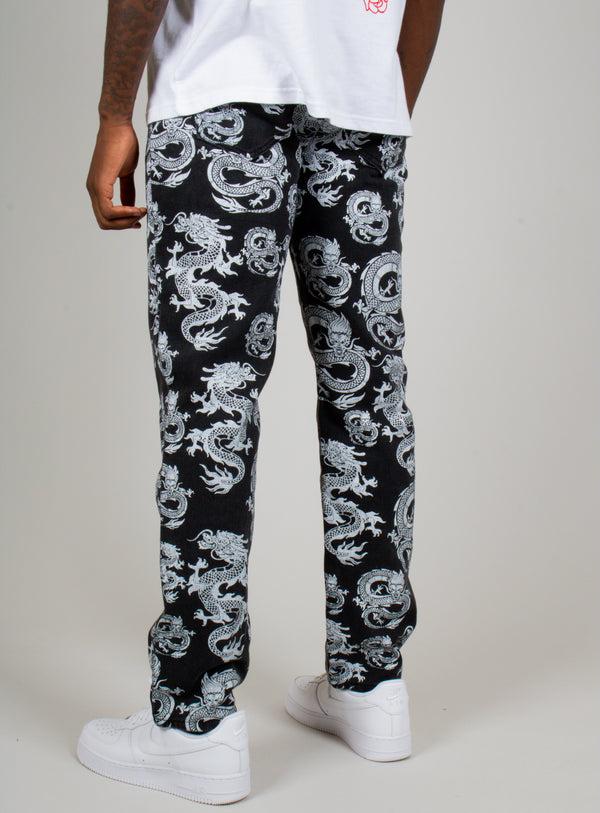 Liquor & Poker All-Over Dragon Print Straight Leg Black Jeans