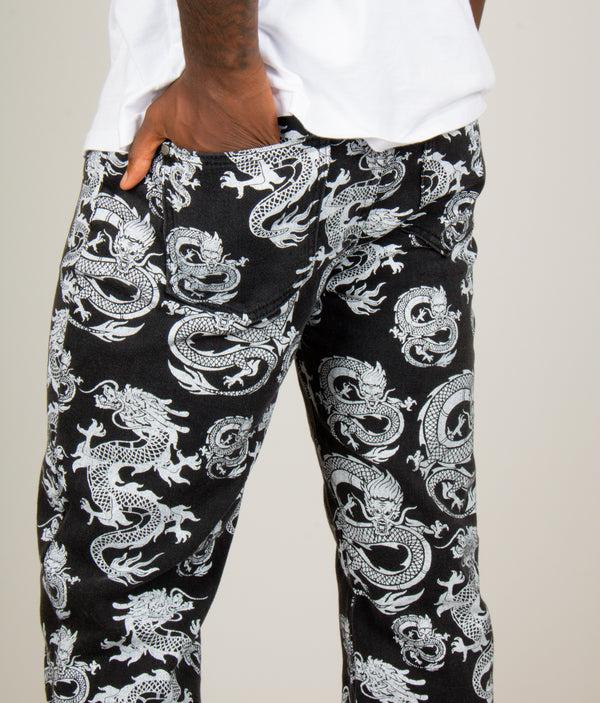 Liquor & Poker All-Over Dragon Print Straight Leg Black Jeans
