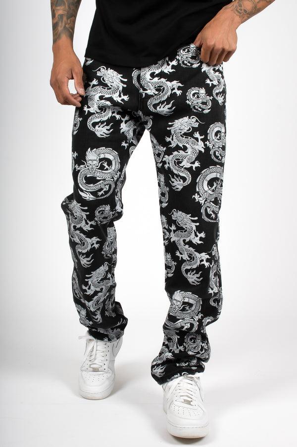 liquor & poker All-Over Dragon Print Straight Leg Black Jeans