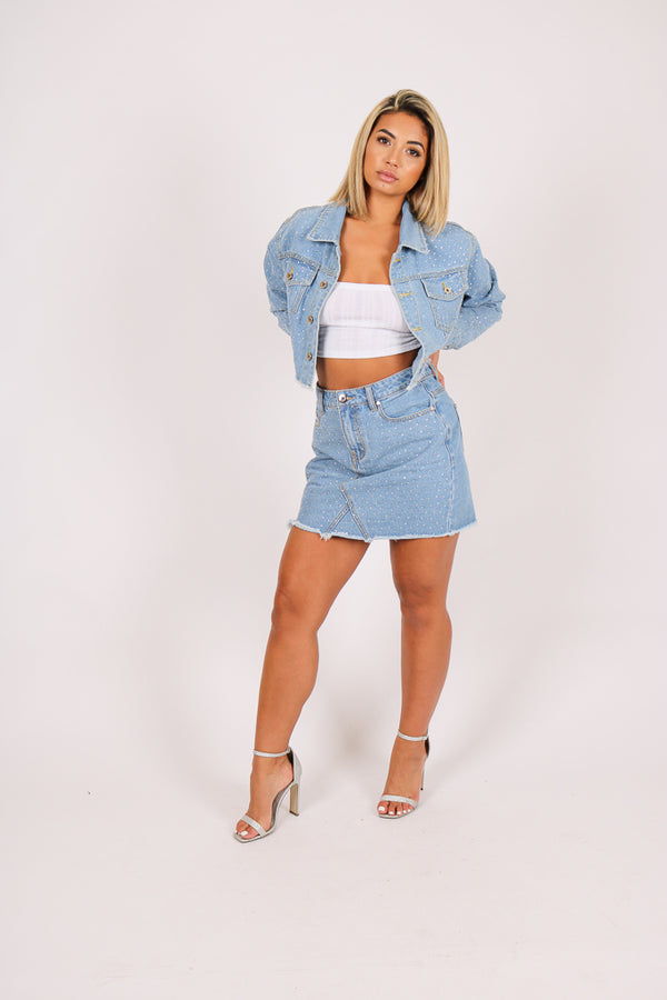 Liquor & Poker Anais Glitzy Glam Denim Mini Skirt In Vintage Stonewash