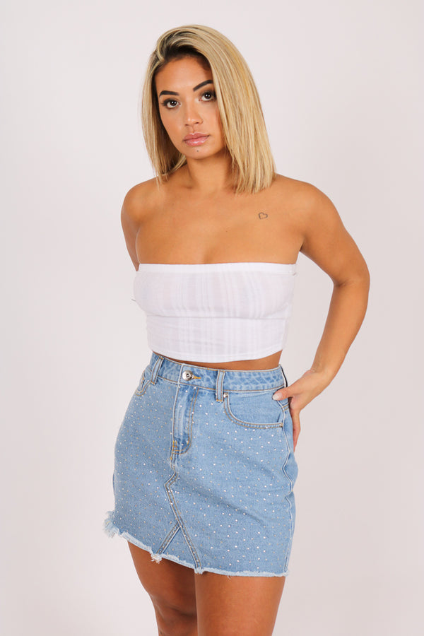 liquor & poker Anais Glitzy Glam Denim Mini Skirt In Vintage Stonewash