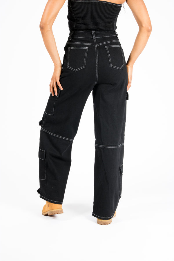 Liquor & Poker Bandeau Black Denim Contrast Stitch Jumpsuit